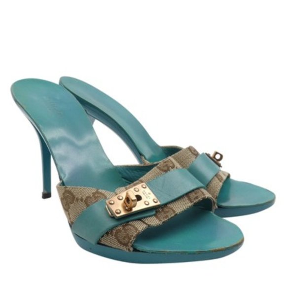 Gucci Shoes - Gucci Leather Monogram Turquoise Mules